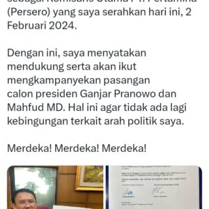 Ahok (Basuki Tjahaja Purnama) resmi mundur dari jabatan Komisaris Utama PT Pertamina (Persero), fokus dukung dan menangkan Ganjar-Mahfud. 